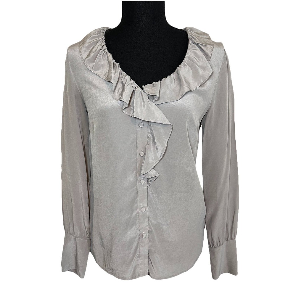 BODEN Women's SIZE 4 Gray 100% Silk Ruffled Button Up Long Sleeve Blouse Top